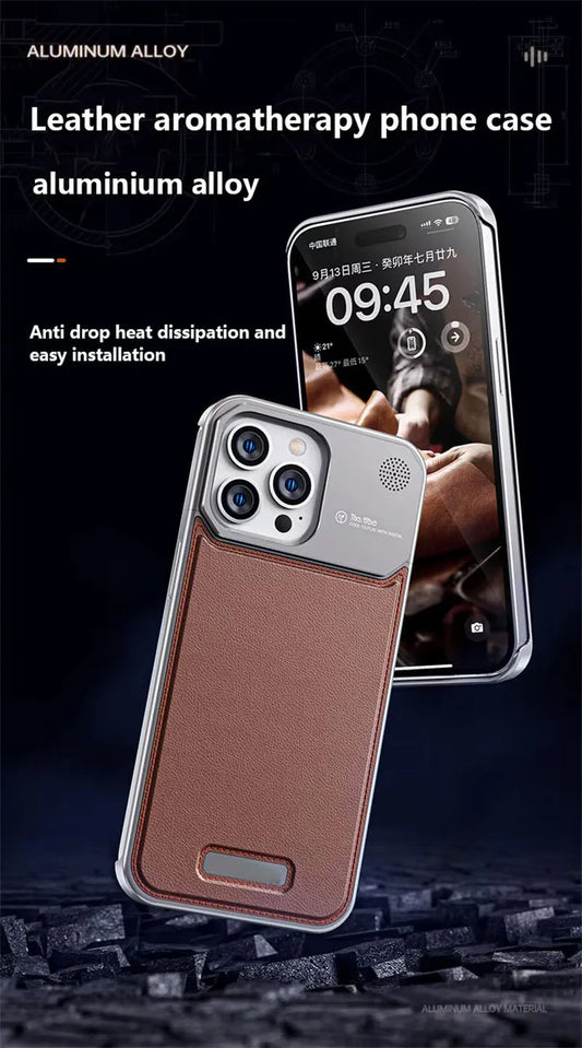 Luxury Leather Metal Integrated Phone Case For IPhone 16 Pro 15 14 13 ProMax Push-Pull Installation With Aromatherapy Back Cover