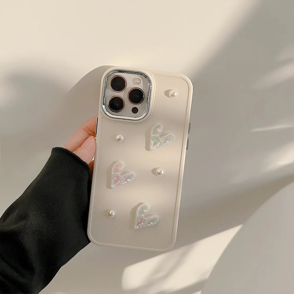Ins Cute 3D Pearl Love Heart Phone Case For iPhone 16 15 14 13 12 11 Pro Max X XS XR 8 7 Plus SE 2022 Soft Silicone Bumper Cover - Caseverse