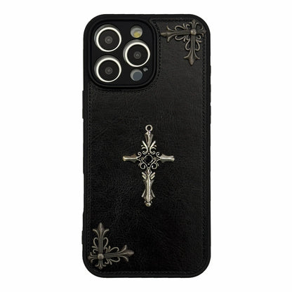 Leather Phone Case for IPhone 16 15 14 13 12 11 Pro Max Luxury Gothic High Grade Fashion Trends 3D Metal Cross Protection Cover