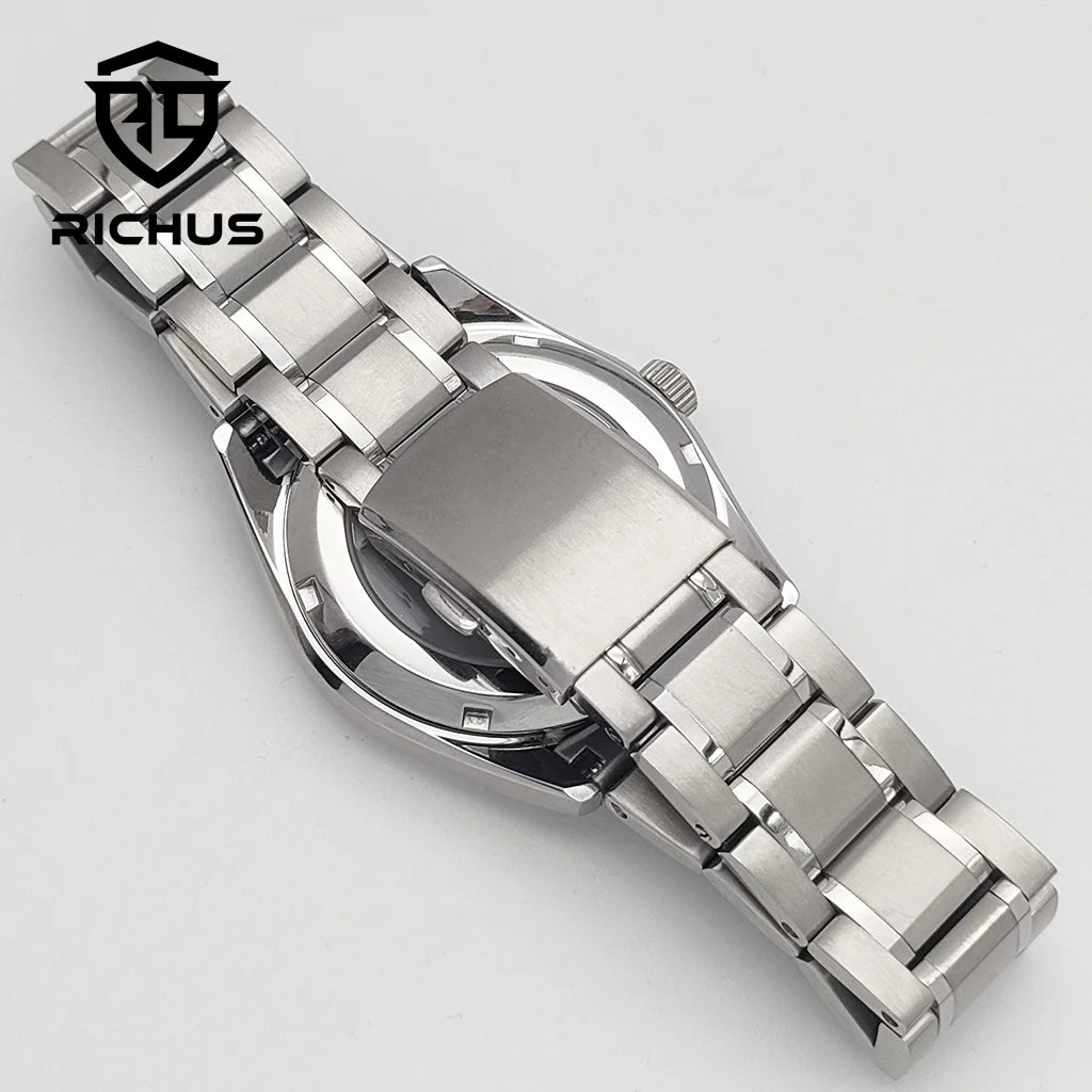 RICHUS NH35 Watch case 40mm silver watch case sapphire glass with strap Fit NH34 NH35 NH36 Movement