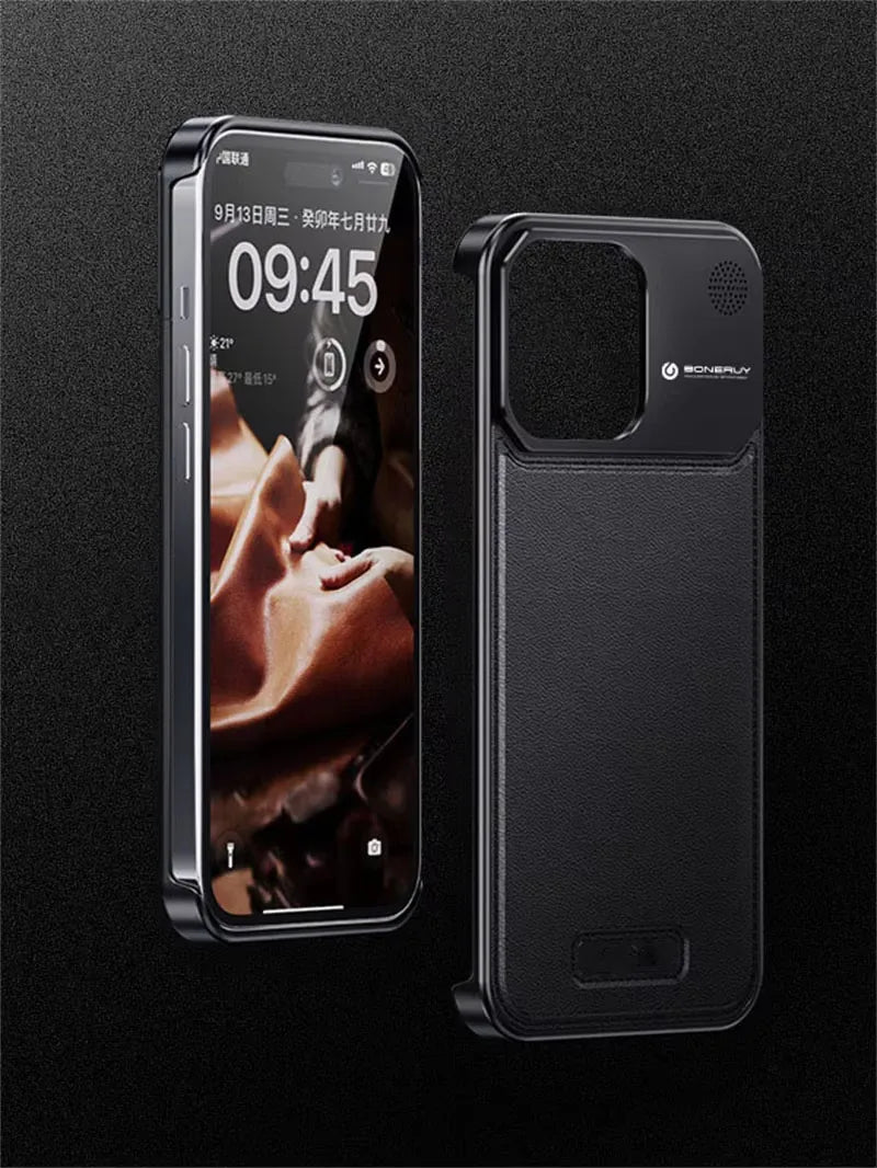 Luxury Leather Metal Integrated Phone Case For IPhone 16 Pro 15 14 13 ProMax Push-Pull Installation With Aromatherapy Back Cover
