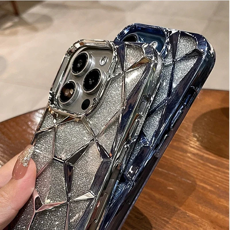 Luxury Girl's Phone Case for iPhone 15 14 13 12 11 Pro Max Plus Glitter Bling 3D Cube Diamond Marble Soft TPU Shockproof Cover - Caseverse