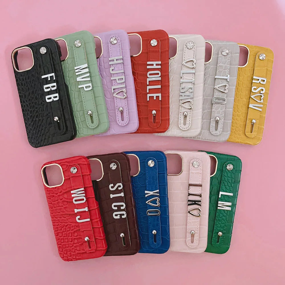 Luxury Custom Personalised Name Silver Metal Letter Charm Leather Phone Cases For Iphone 14 13 12 11 15 Pro Max 16 pro max Cover