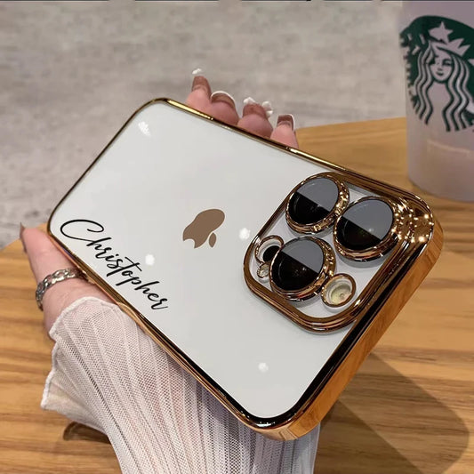 Personalised Customized Name Case For iPhone 16 15 14 13 12 11 Pro Max Luxury Plating Transparent Clear Cover DIY 15 16 Pro Max
