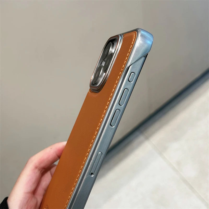 Phone Case Luxury Matte PU Leather Frameless For iPhone 16 15 14 13 12 Pro Max Plus Metal Lens Protection Shockproof Back Cover