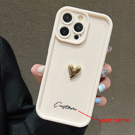 3D Gold Love Heart Personalized Custom Name Case For iPhone 16 15 14 13 12 11 Pro Max X XS XR 7 8 Plus Silicone Candy DIY Cover