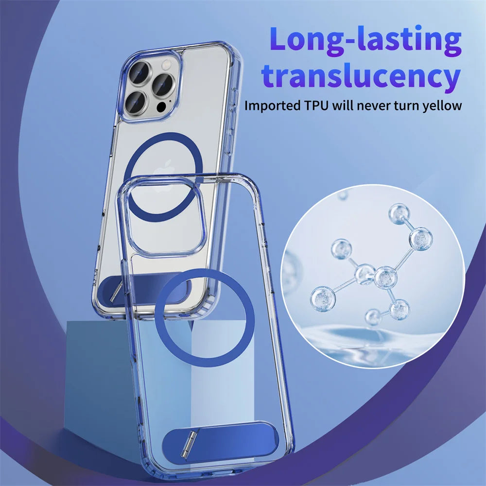 Luxury Metal Stand Clear Magnetic Phone Case For iPhone 16 13 14 15 Pro Max Folding Invisible Bracket Shockproof Protector Cover