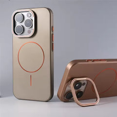 Stylish Camera Lens Holder Magnetic Magsafe Phone Case for IPhone 16 15 14 Pro Max Wireless Charging Matte Shockproof Hard Cover