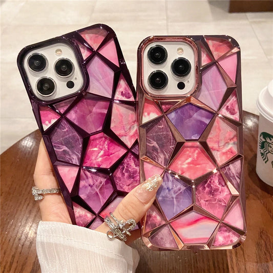 Plating Glitter Diamond Pattern Colorful Marble Phone Case For iPhone 15 13 11 12 14 Pro Max Soft Silicone Transparent Cover