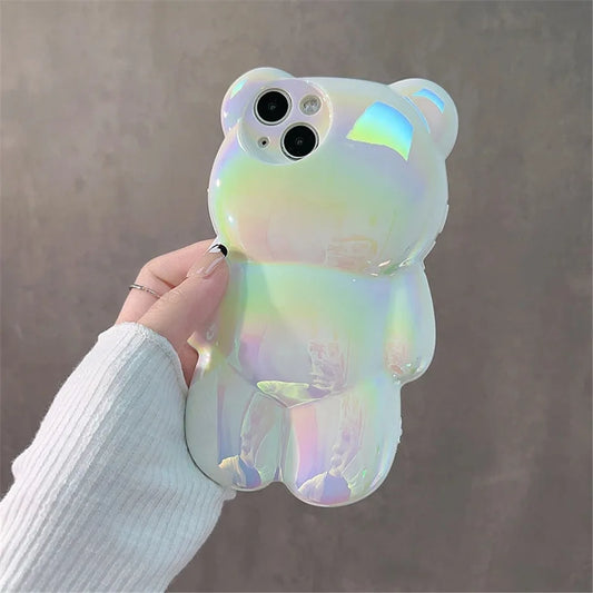 Stylish laser luxury cute 3D Bear shockproof phone case for iPhone 11 14 12 13 14 15 Pro Max Soft silicon anti-drop bumper cover