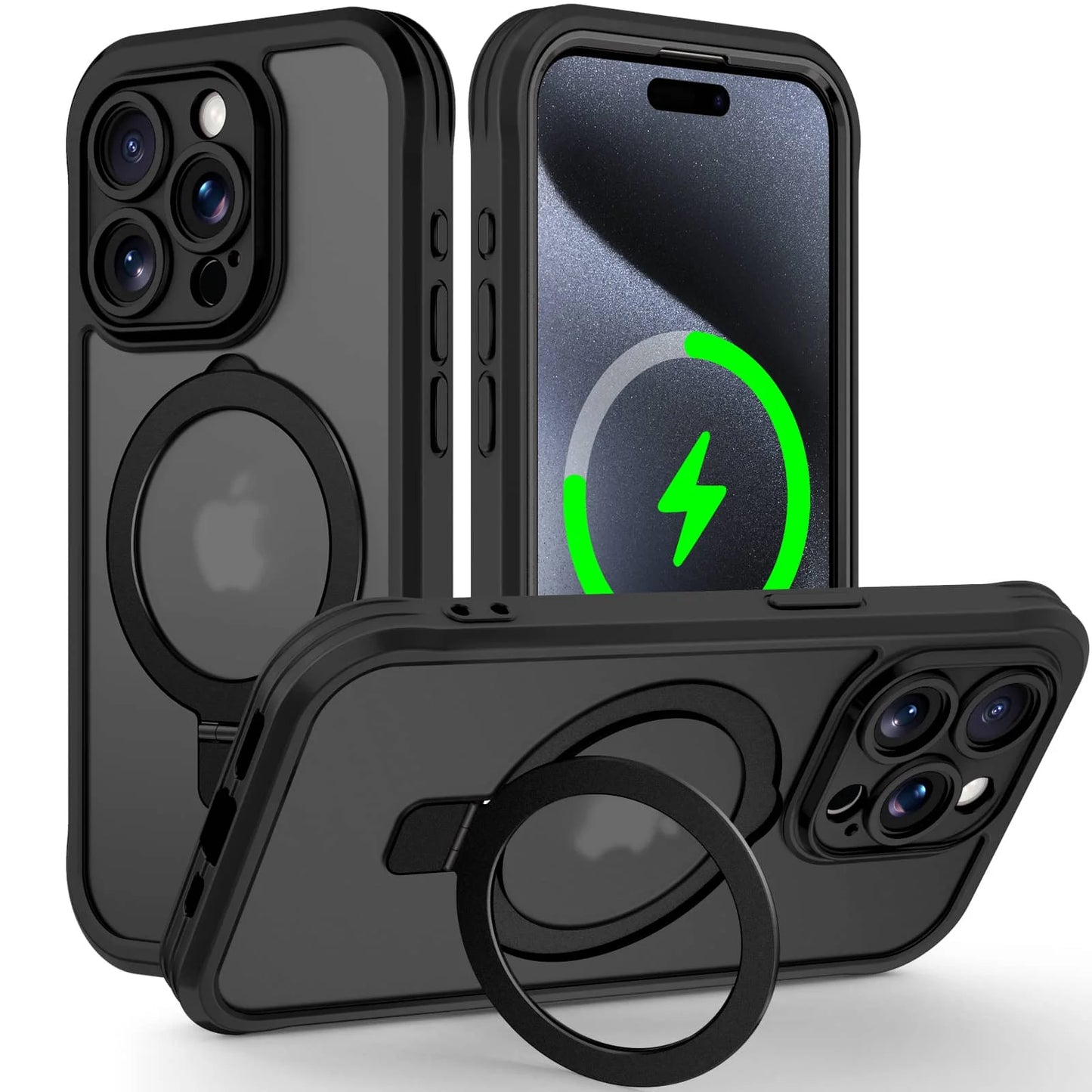 Case for iPhone 16/15/14/13 Pro Max 16 15 14 Plus, Built-in PET Screen Protector with Ring Holder Kickstand, Full Body Cover - Caseverse
