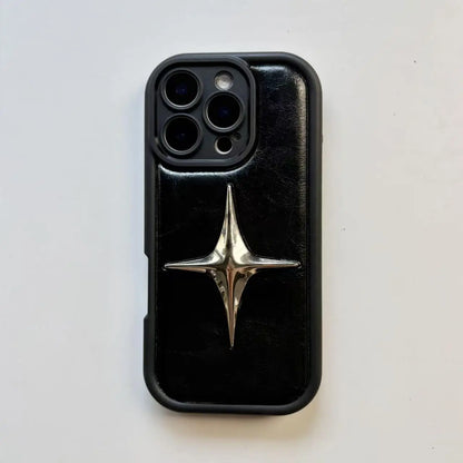Luxury Metal Star PU Leather Phone Cover Case For iPhone 16 15 14 13 12 11 Pro Max Shockproof Protective Men Women Stylish Cases