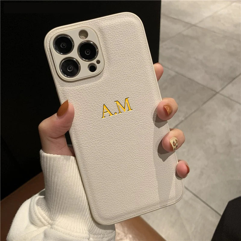 Customized Phone Case For iPhone 16 15 14 13 12 11 Pro Max Plus Personalized Name Initials Letters Luxury Leather DIY Cover 16 - Caseverse