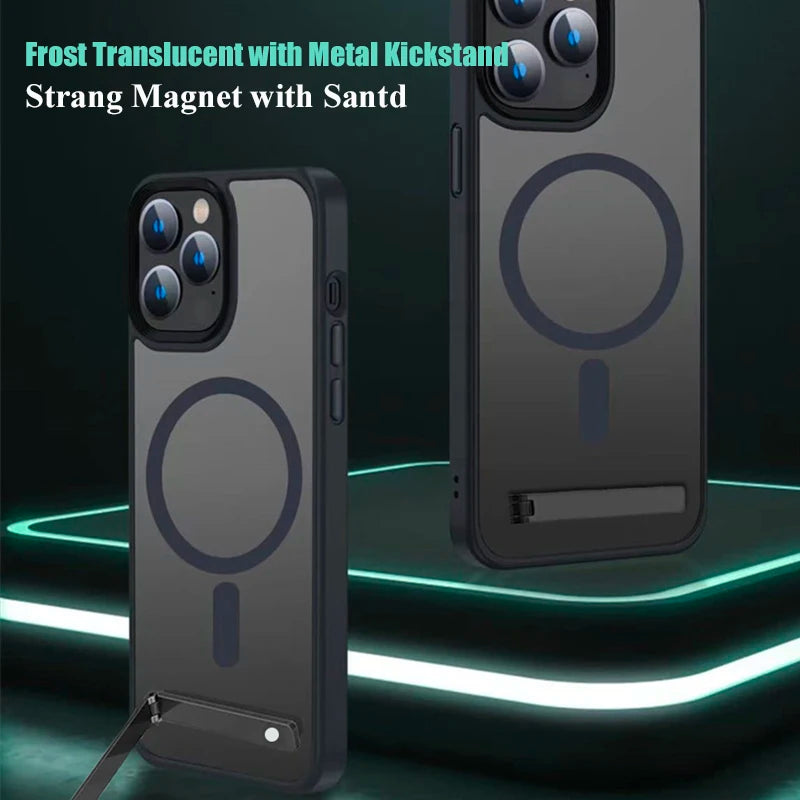 Magnetic Phone Case with Metal Stand for iPhone 16 15 14 13 12 Pro Max Plus Translucent Mobile Cases Military Grade Back Cover