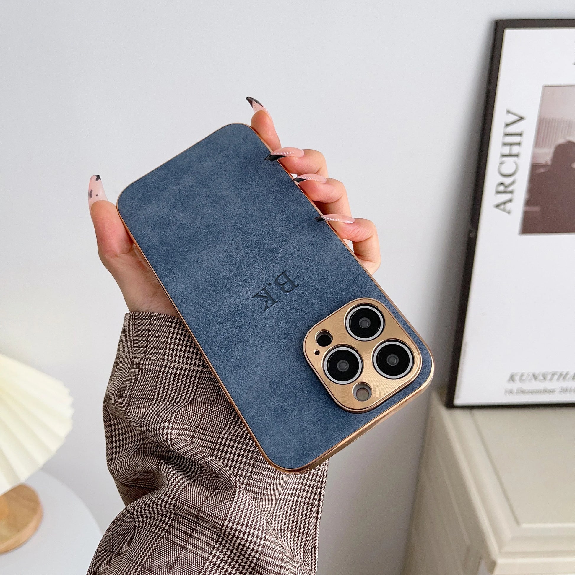Leather Personalised Customized Name Case For Iphone 11 12 13 14 15 16 Pro Max Plating Frame Lambskin Initials Cover 16 11 15Pro - Caseverse