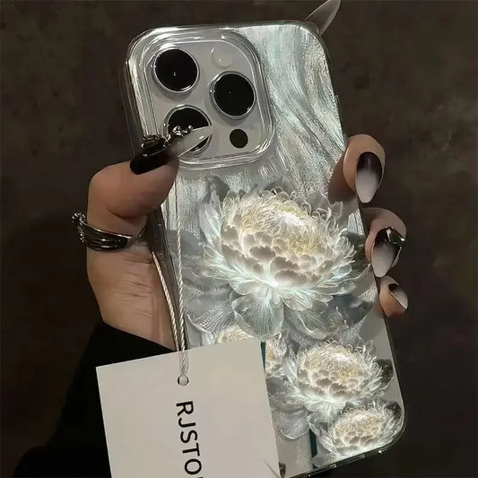 Luxury Five Lotus Pattern Phone Case For iPhone 16 15 14 13 12 11 Pro XR XS 7 8 Plus Shockproof Feather Chiffon Texture Cover﻿