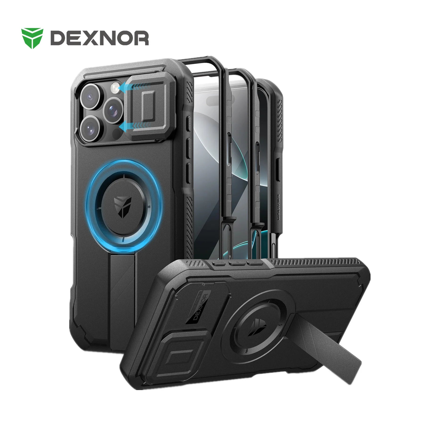 For iPhone 16 Pro Max Rugged Armor Shockproof Case with Built-in Sliding Camera Cover and Built-in Screen Protector Kickstand - Caseverse