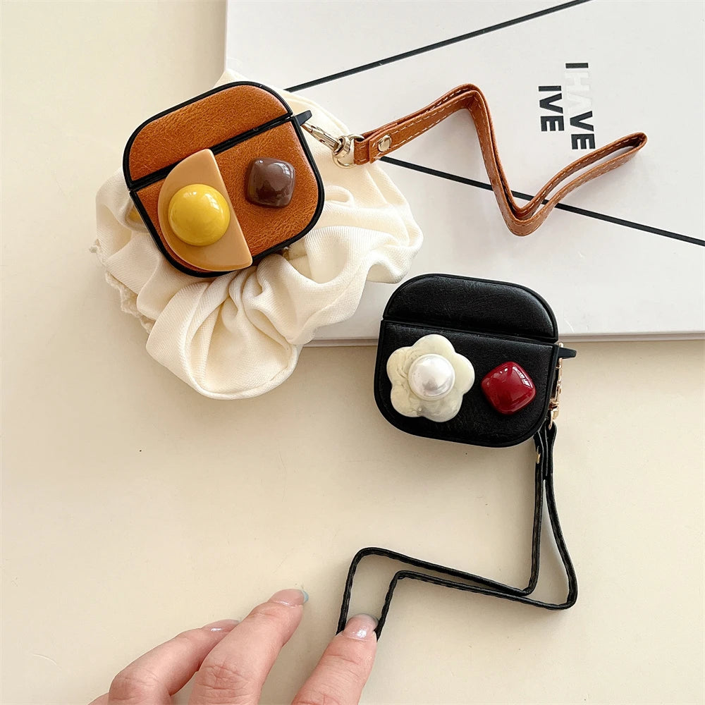 Retro PU Leather Flower Diamond Earpods Case for Apple Airpods 3 Pro2 Gemstone Wrist Strap Wireless Earphone Cover for Airpods 4