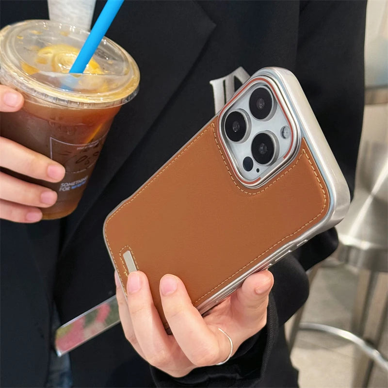 Phone Case Luxury Matte PU Leather Frameless For iPhone 16 15 14 13 12 Pro Max Plus Metal Lens Protection Shockproof Back Cover