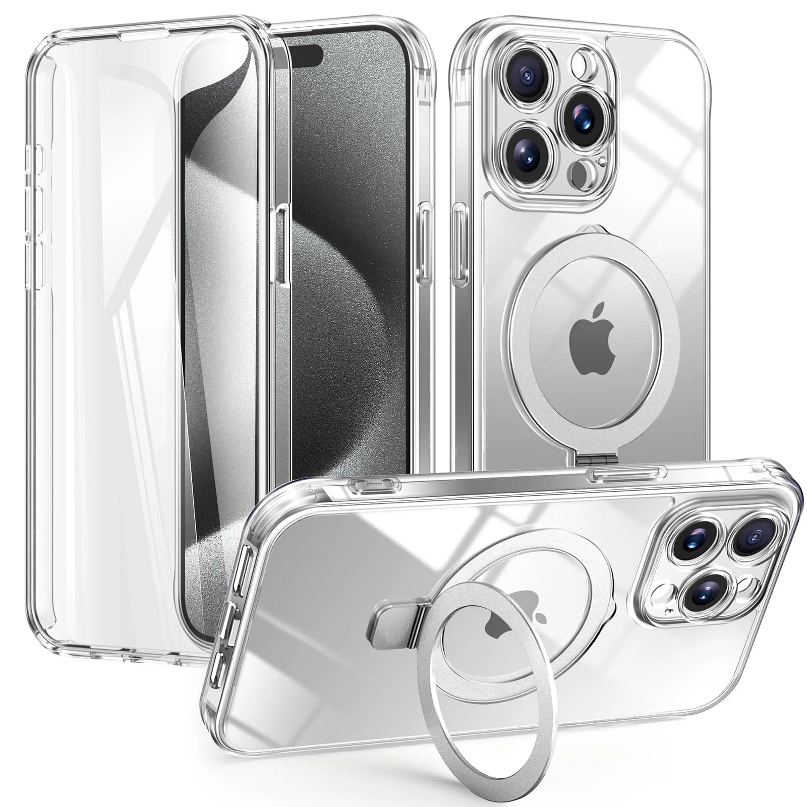 Case for iPhone 16/15/14/13 Pro Max 16 15 14 Plus, Built-in PET Screen Protector with Ring Holder Kickstand, Full Body Cover - Caseverse