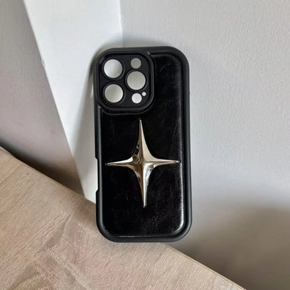Luxury Metal Star PU Leather Phone Cover Case For iPhone 16 15 14 13 12 11 Pro Max Shockproof Protective Men Women Stylish Cases