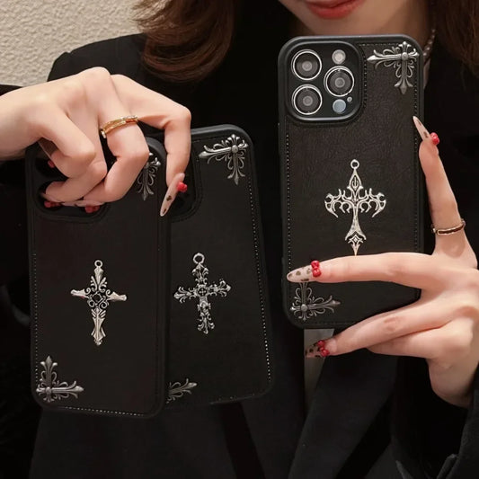 Leather Phone Case for IPhone 16 15 14 13 12 11 Pro Max Luxury Gothic High Grade Fashion Trends 3D Metal Cross Protection Cover