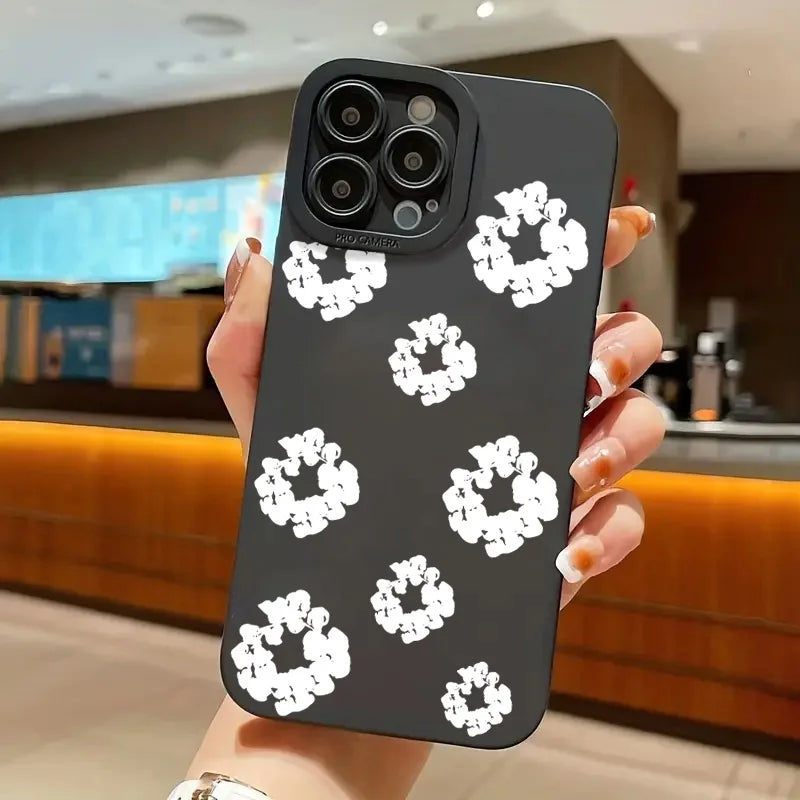 Case For iPhone 16 Cases iPhone 15 11 12 13 14 Pro Max X XS XR 7 8 16E 15 Plus Black Stylish Flower Patterned Design Phone Cover