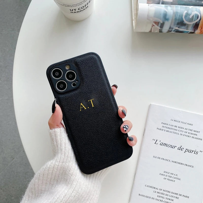 Customized Phone Case For iPhone 16 15 14 13 12 11 Pro Max Plus Personalized Name Initials Letters Luxury Leather DIY Cover 16 - Caseverse