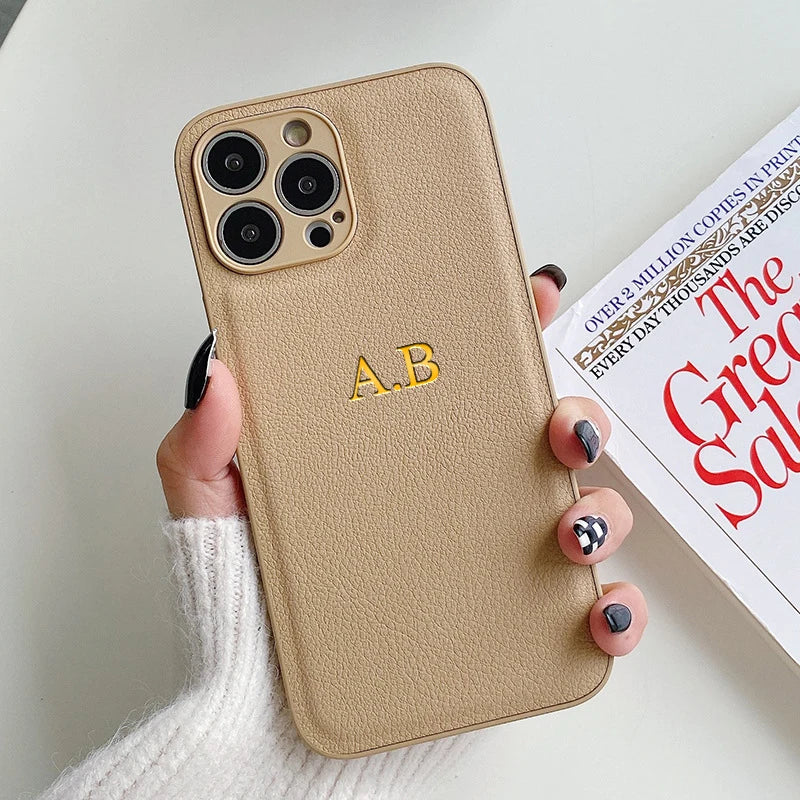 Customized Phone Case For iPhone 16 15 14 13 12 11 Pro Max Plus Personalized Name Initials Letters Luxury Leather DIY Cover 16 - Caseverse