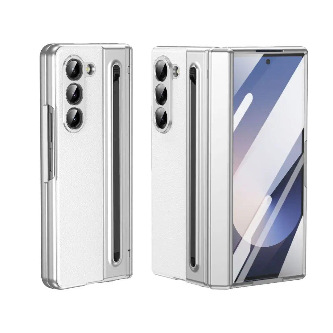 For Galaxy Fold6 S Pen Leather Phone Case Hinge Protection & Built-in Screen Protector Leather Phone Cover for Fold5 Fold4 Black - Caseverse