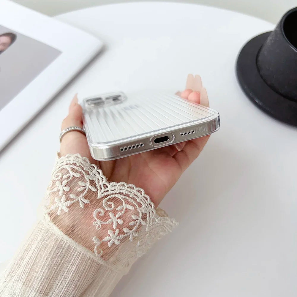 Metal Button Key Vertical Stripe Corrugated Clear Phone Case for IPhone 13 14 15 16 Pro Max Shockproof PC Protective Back Cover