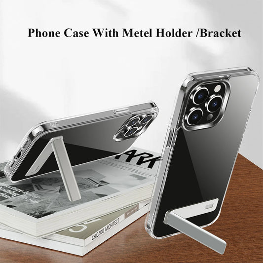 Transparent Phone Case With Metal Kickstand Holder for iPhone 16 15 14 Pro Max 13 12 11 Mini Plus Phone Back Cover - Caseverse