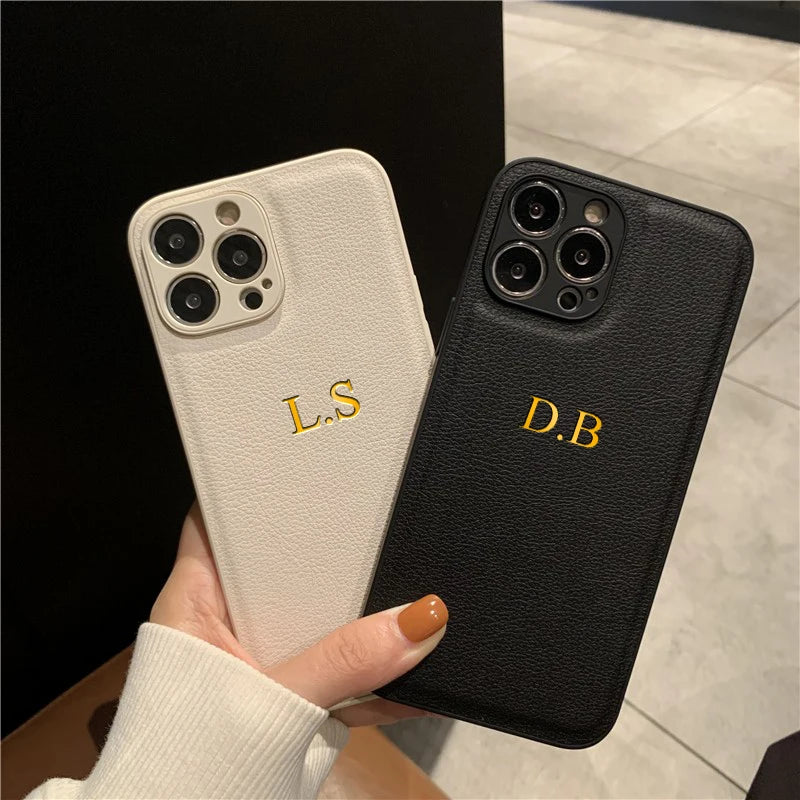 Customized Phone Case For iPhone 16 15 14 13 12 11 Pro Max Plus Personalized Name Initials Letters Luxury Leather DIY Cover 16 - Caseverse