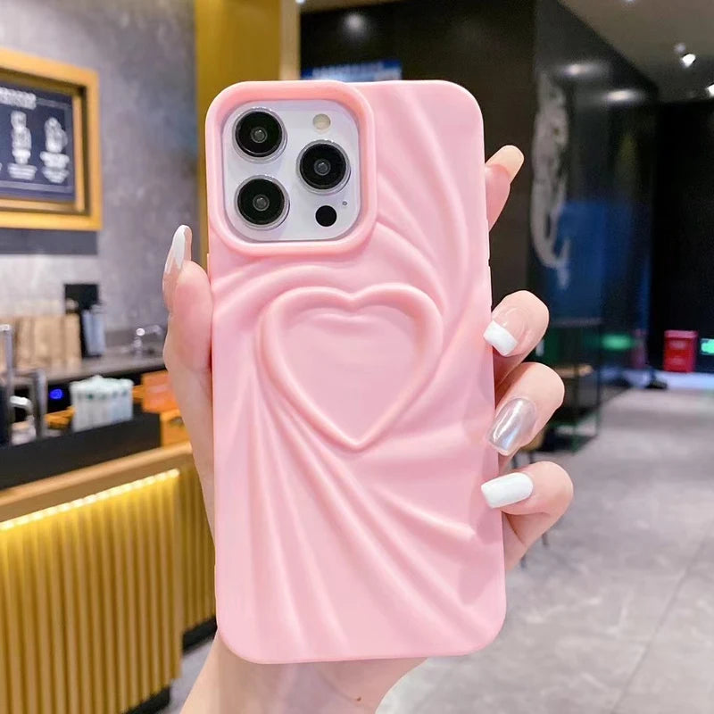 Fashion Fold Wrinkle 3D Love Heart Phone Case For iPhone 13 14 15 Pro Max 16 Plus 11 12 ProMax Soft Matte Silicone Full Cover - Caseverse