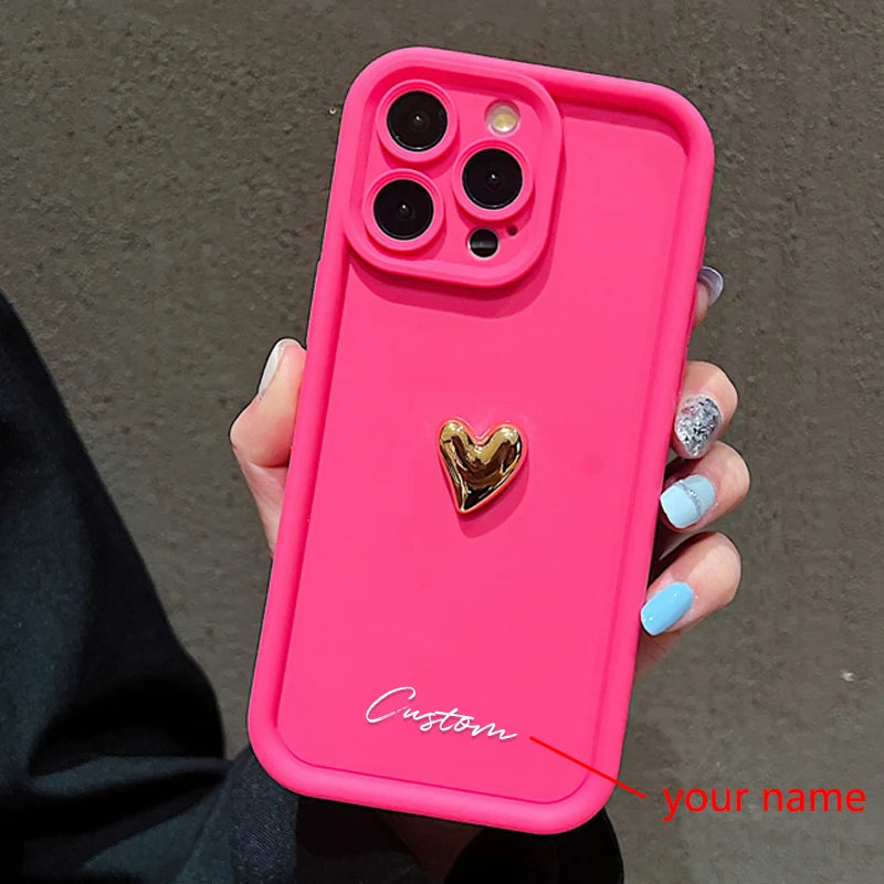 3D Gold Love Heart Personalized Custom Name Case For iPhone 16 15 14 13 12 11 Pro Max X XS XR 7 8 Plus Silicone Candy DIY Cover - Caseverse