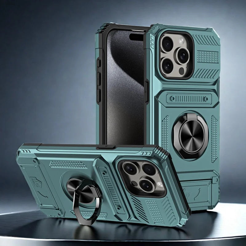 Military level armor card holder ring stand phone case for iPhone 16 15 14 13 Pro Max car phone magnetic shockproof hard cover - Caseverse