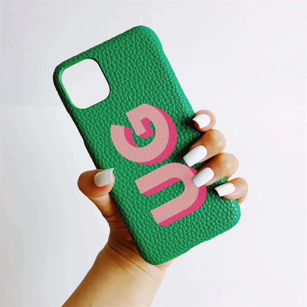 Personalized iPhone Case Monogram Initial Letter Leather Case For iPhone 15 14 13 12 11 Pro Max XS XR 7 8Plus Luxury Phone Cover - Caseverse