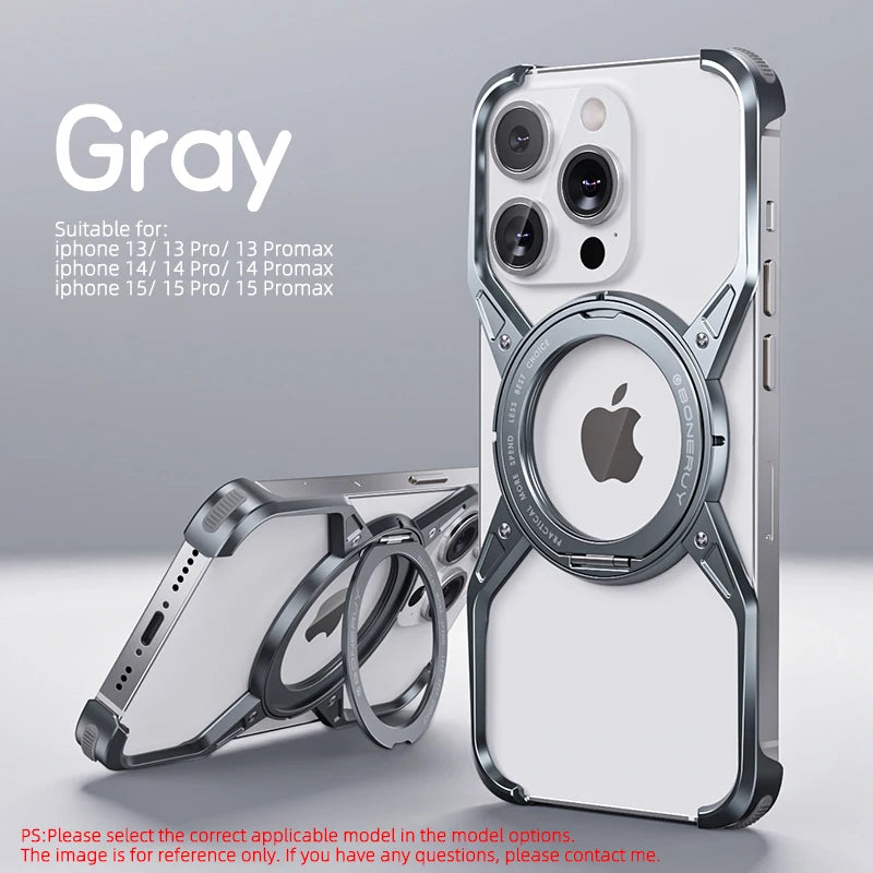 Metal Aluminium Alloy Magnetic Frameless Phone Case For iPhone 14 13 15 Pro Max 360° Stand Rimless Bumper Shockproof Metal Cover
