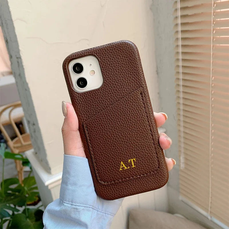 Personalized Phone Case with Card Holder Custom Initials Protective Cover iPhone16Promax 11 12 13 14 15Pro Max XS XR Mini - Caseverse