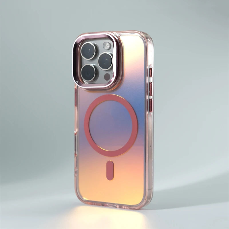 Metal Lens Kickstand Laser MagSafe Phone Case For iPhone 16 16pro max 14 15 Pro 13 12 Magnetic Wireless Charging Hard PC Cover