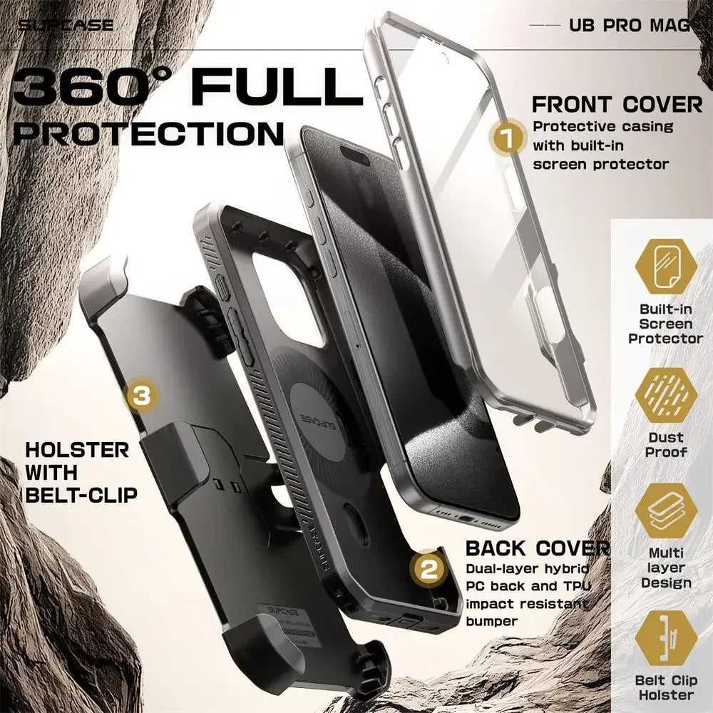 For iPhone 16 Pro Max Case 6.9“ 2024 SUPCASE UB Pro Mag Full Body Rugged Phone Case with Built-in Screen Protector Belt-Clip - Caseverse