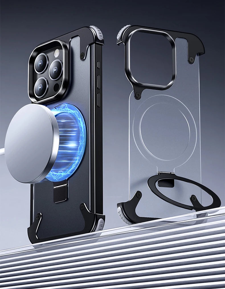 Aluminum Alloy Magnetic Stand Rimless Phone Case For iPhone 13 14 15 Pro Max 15Plus Metal Lens Shell  Frosted Matte Back Cover - Caseverse