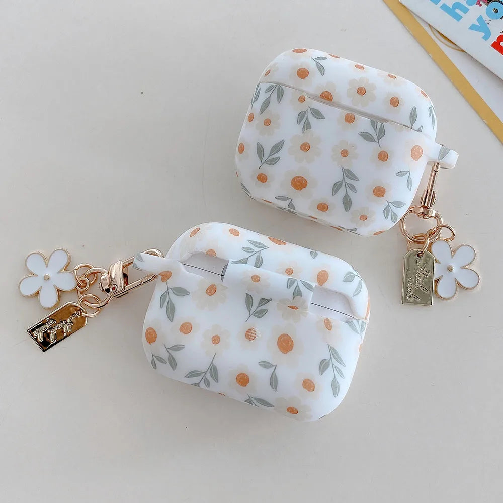 For Apple AirPods 4 ANC Flower Print Earphone Case For AirPods 2 3 Pro2 Silicone Soft Wireless Headphones Cover With Keychain
