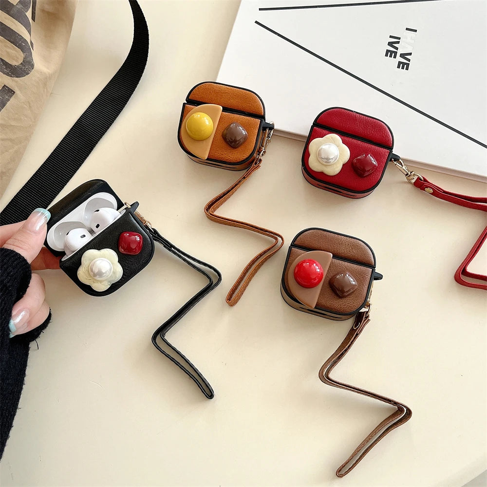 Retro PU Leather Flower Diamond Earpods Case for Apple Airpods 3 Pro2 Gemstone Wrist Strap Wireless Earphone Cover for Airpods 4