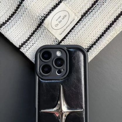 Luxury Metal Star PU Leather Phone Cover Case For iPhone 16 15 14 13 12 11 Pro Max Shockproof Protective Men Women Stylish Cases