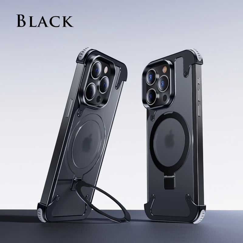 Aluminum Alloy Magnetic Stand Rimless Phone Case For iPhone 13 14 15 Pro Max 15Plus Metal Lens Shell  Frosted Matte Back Cover - Caseverse