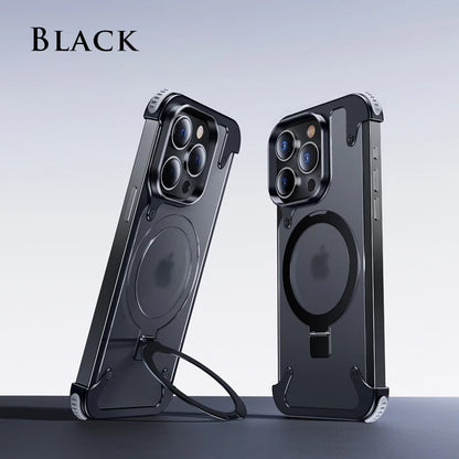 Aluminum Alloy Magnetic Stand Rimless Phone Case For iPhone 13 14 15 Pro Max 15Plus Metal Lens Shell  Frosted Matte Back Cover - Caseverse