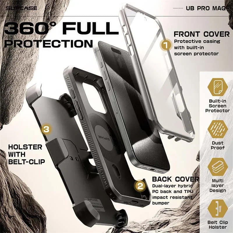 For iPhone 16 Pro Max Case 6.9“ 2024 SUPCASE UB Pro Mag Full Body Rugged Phone Case with Built-in Screen Protector Belt-Clip - Caseverse