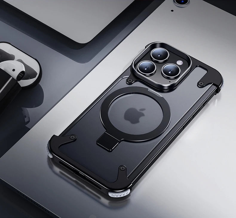 Aluminum Alloy Magnetic Stand Rimless Phone Case For iPhone 13 14 15 Pro Max 15Plus Metal Lens Shell  Frosted Matte Back Cover - Caseverse