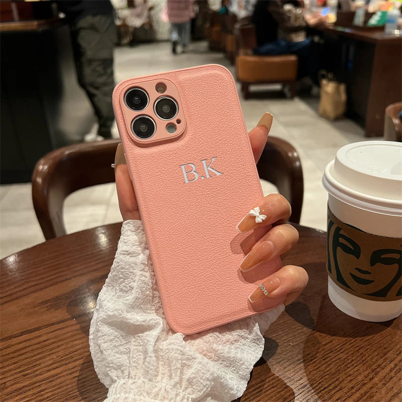 Personalized Case For iPhone 16 15 14 13 12 11 Pro Max Custom Name initials Leather Cover For iPhone 16 Pro Max Silver Letters - Caseverse